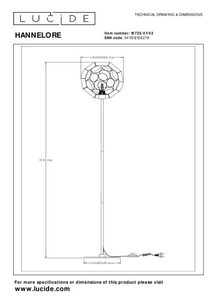 Lucide HANNELORE - Lampadaire - Ø 30 cm - 1xE27 - Or Mat / Laiton - technique